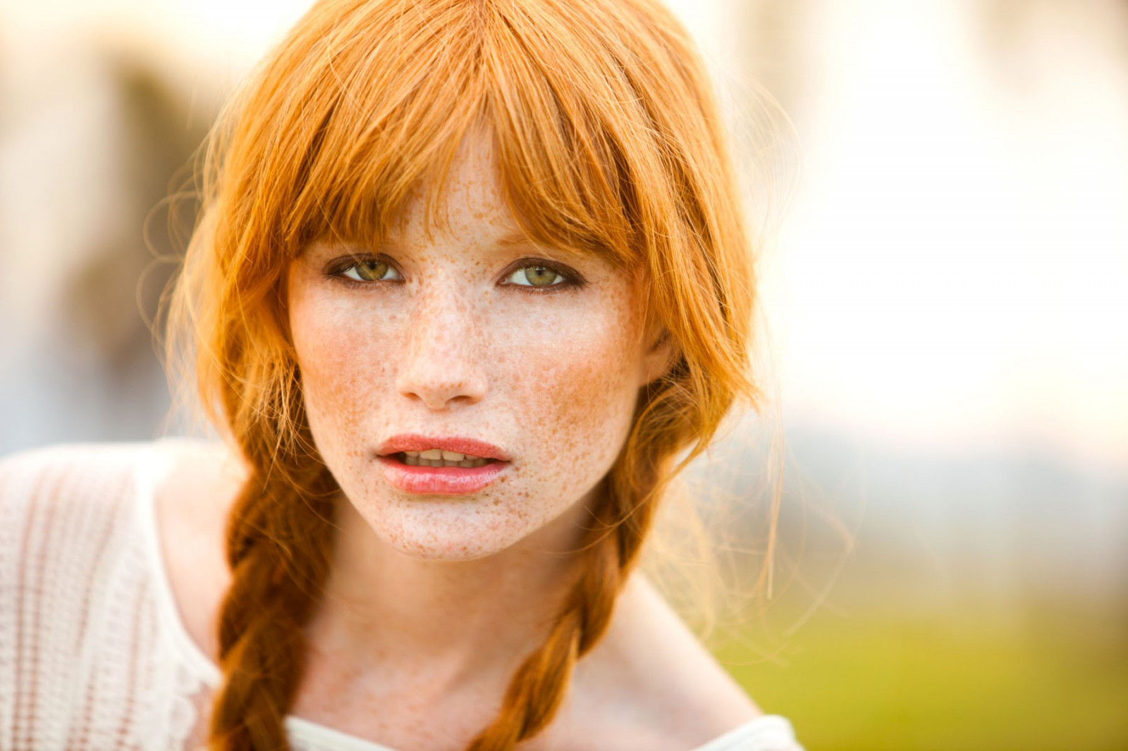 Wallpaper Face Women Redhead Model Long Hair Open Mouth Green Eyes Braids Freckles 