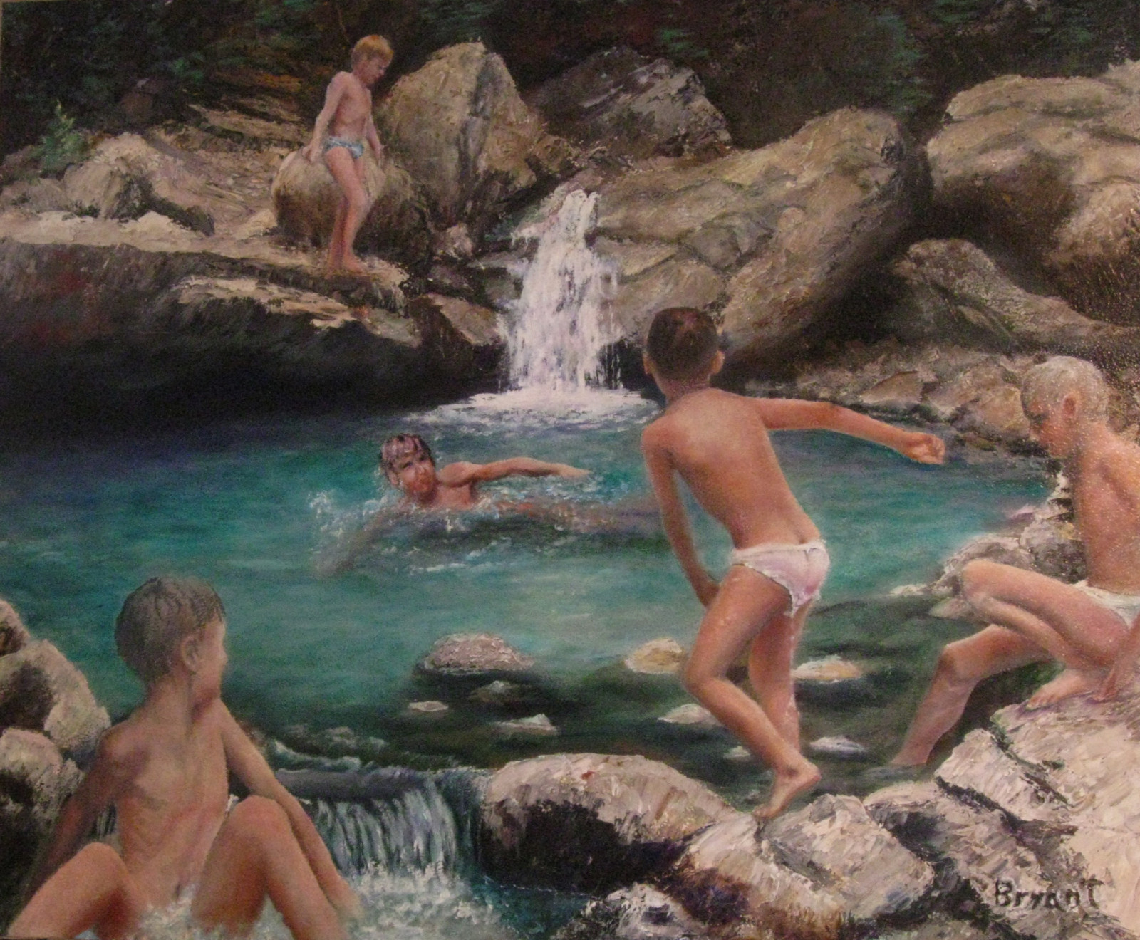 bez trička, milovat, chlapci, voda, dětství, děti, Mládí, plavání, děti, divit se, svoboda, vodopád, rybník, dítě, hrát si, spodní prádlo, vzpomínky, dobrodružství, nevinnost, myart, nostalgický, ručně, olejomalba, koupání bez plavek, memoriesofchildhoodneverfade