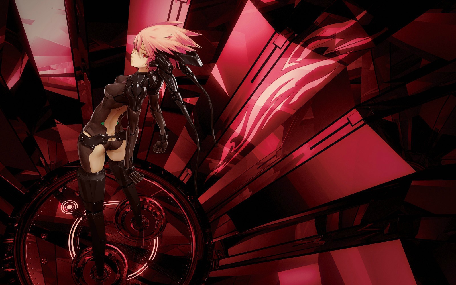 nat, anime, Anime piger, kort hår, rød, futuristisk, køretøj, røde øjne, farve, mørke, skærmbillede, computer tapet