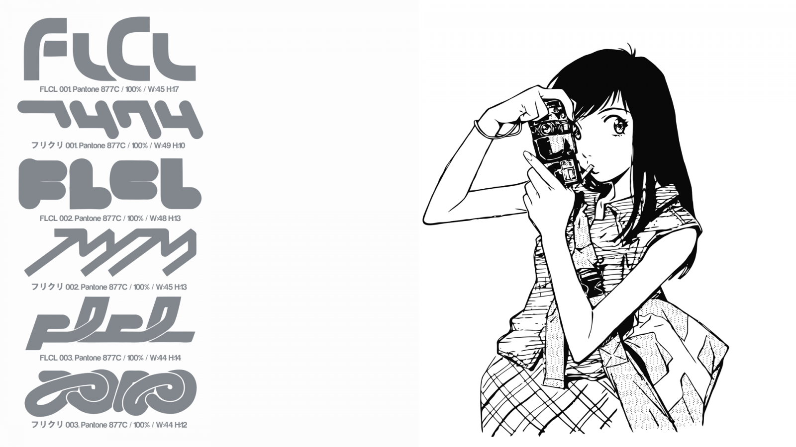 disegno, illustrazione, cartone animato, FLCL, Haruhara Haruko, marca, schizzo, bianco e nero, fotografia in bianco e nero, font