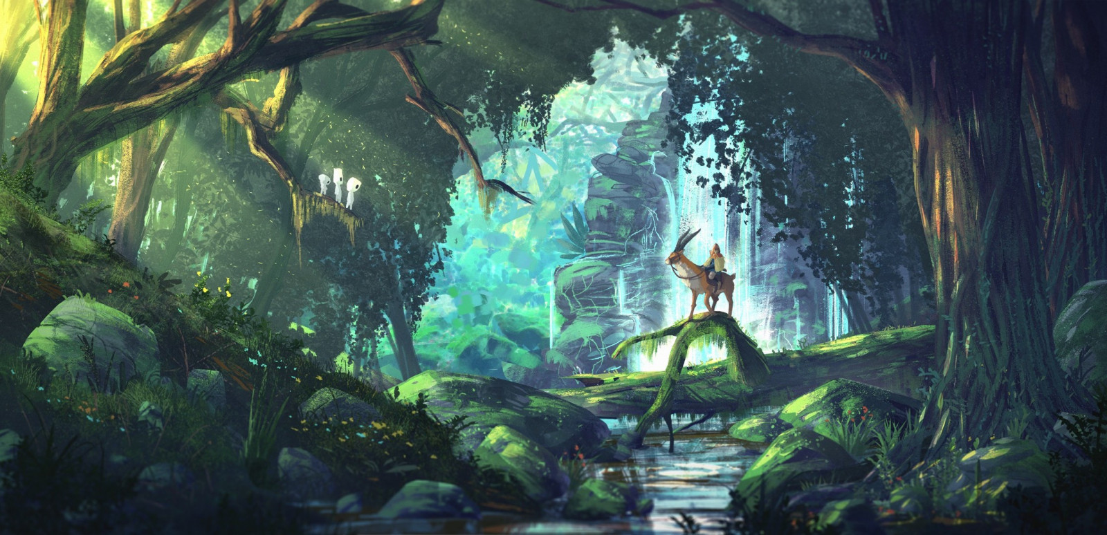 bosque, Arte fantasía, Anime, La princesa Mononoke, Estudio Ghibli, selva, pantano, selva, Humedal, captura de pantalla, habitat, entorno natural, Viejo bosque del crecimiento, 2230x1080 px