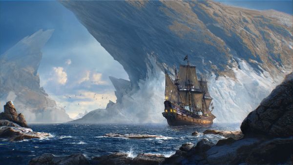 artwork,digital art,nature,ship,rocks,sea