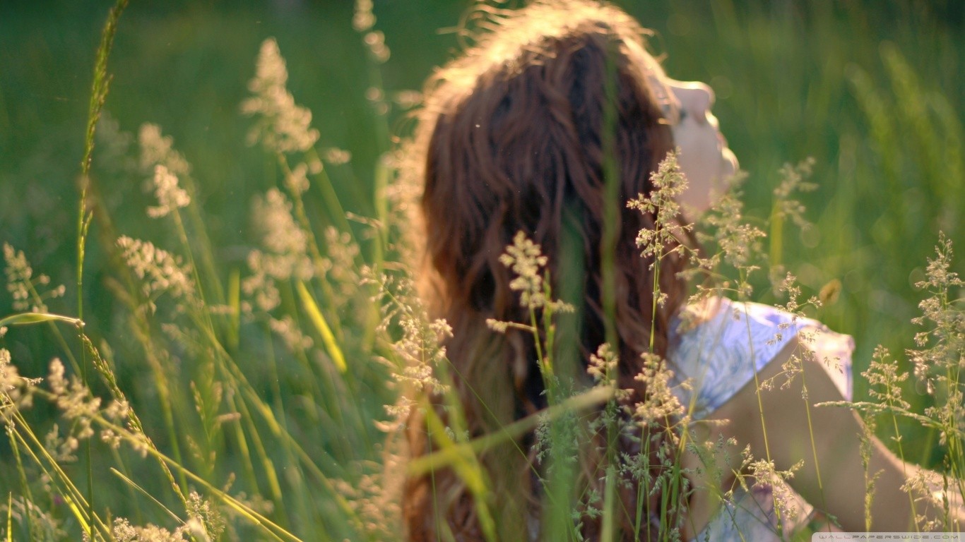 sollys, Kvinder udendørs, Kvinder, dybdeskarphed, natur, brunette, græs, Mark, grøn, dyreliv, efterår, blomst, plante, flora, landbrug, eng, 1366x768 px, prærie, afgrøde, græs familie