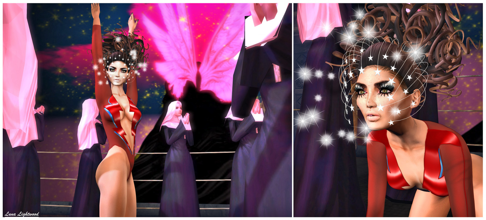 model, stjerner, mode, bodysuit, lyserød, magenta, forfængelighed, Suki, pige, sjovt, medaljon, David Bowie, poseit, inspirarionsl, spyralle, nomeshhead