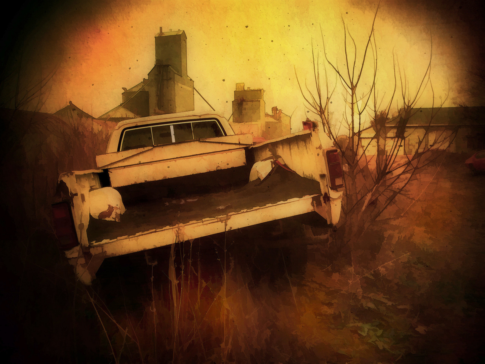 nebe, vozidlo, večer, textura, Spojené státy americké, nákladní auto, Minnesota, vyzvednout, strom, tma, texturized, bestevercompetitiongroup, počítač tapeta, Butterfield, grainelevator, topazsimplify