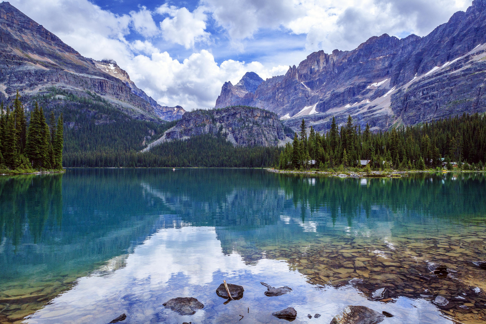 jezero, Ryba, sníh, Kanada, hory, odraz, rybolov, turistika, Britská Kolumbie, jezírka, modrá voda, pády, ledovec, Yoho, lakeohara, canadianrockies, yohonationalpark, yuknessmountain, mountbiddle, schaffermountain, schafferridge