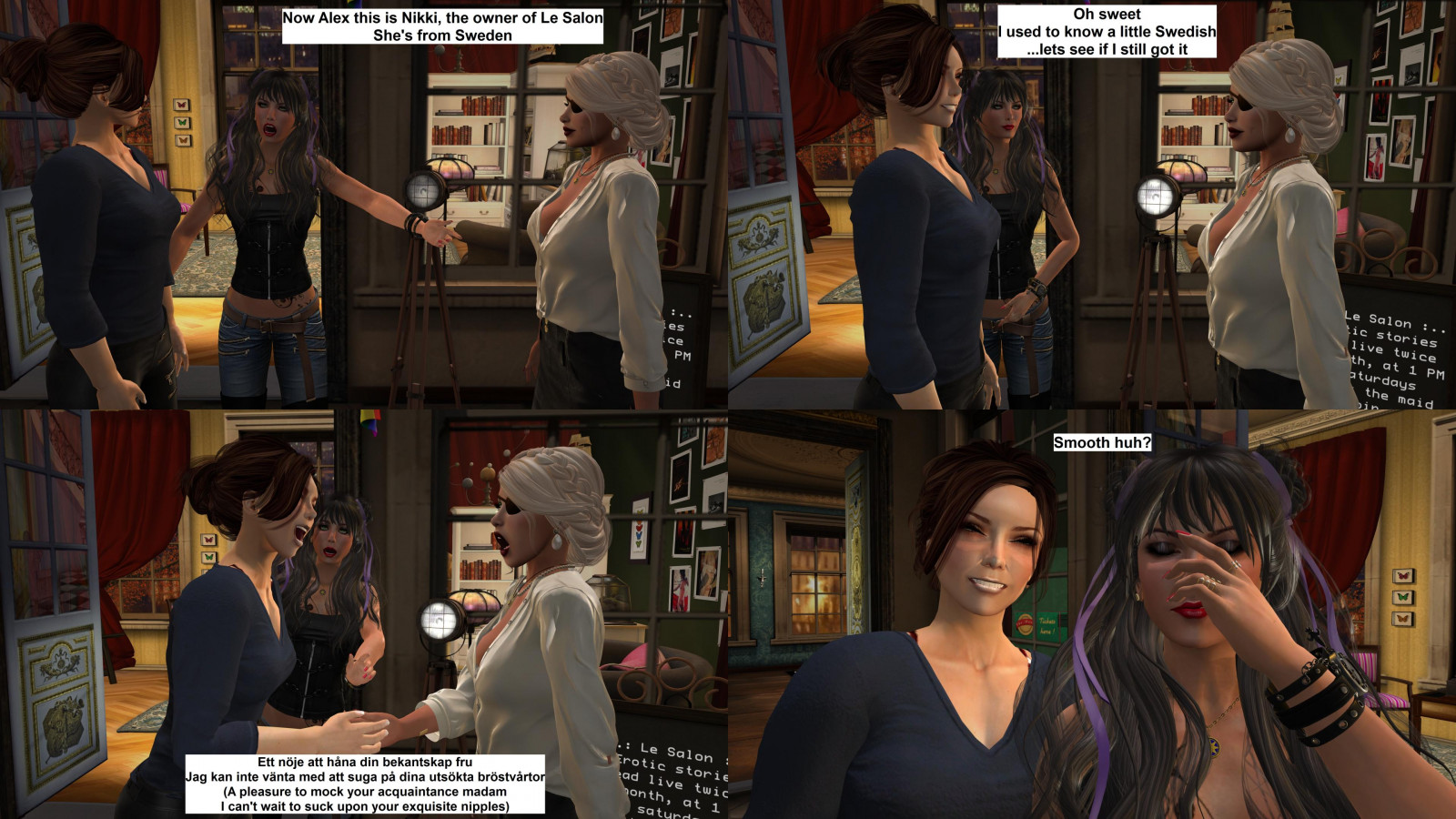 alexandriabrangwin, druhý život, 3D, CGI, počítač, grafika, Virtuální, svět, fotografování, komik, pás, grafický, román, ženy, Setkání, První, čas, vzdálený, minulost, sestry, Lesalon, madame, Dům, panské sídlo, Francie, Paříž, špatný, překlad, Jazyk, dovedností, švédský, Angličtina, mluvený, podání ruky, Nevědomý, radostně, trapný, legrační, hloupý, bradavky, sociální, faux, pas