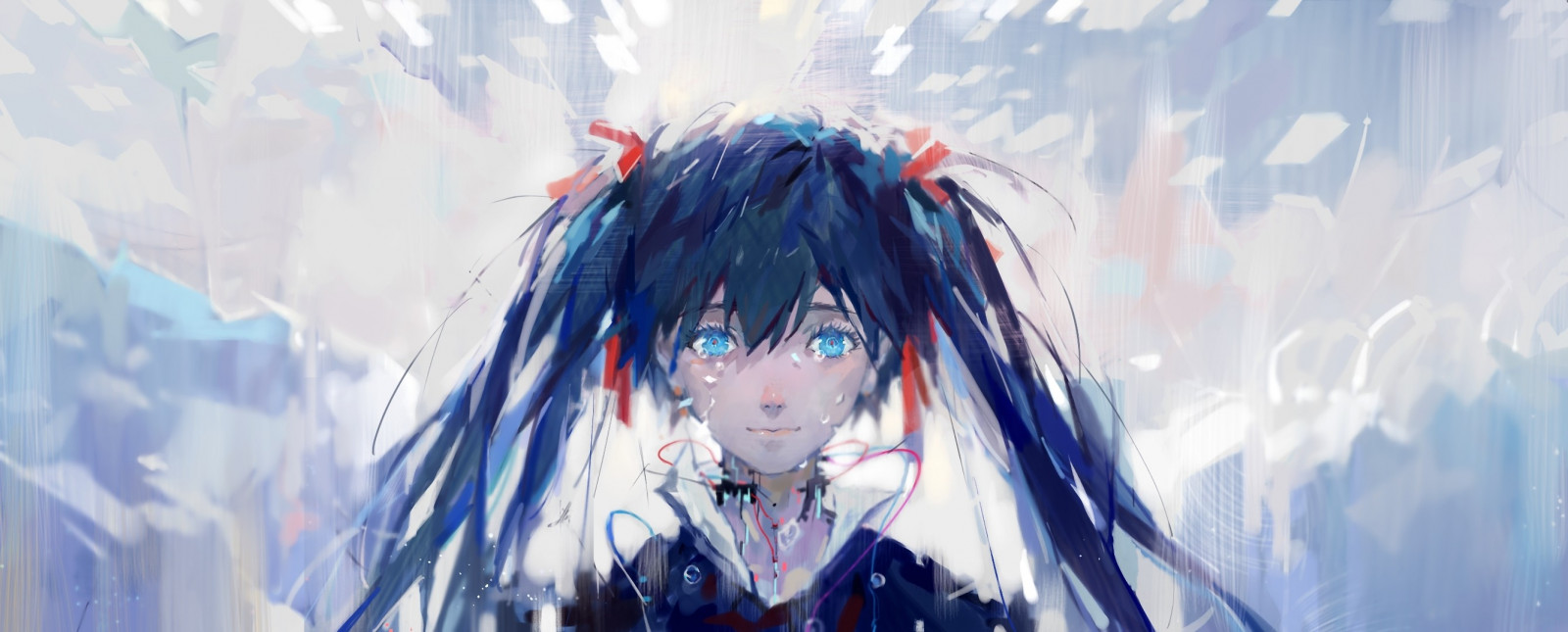 ilustrace, anime, anime dívky, Červené, umělecká díla, modrý, Vocaloid, Hatsune Miku, Snímek obrazovky, počítač tapeta, mangaka