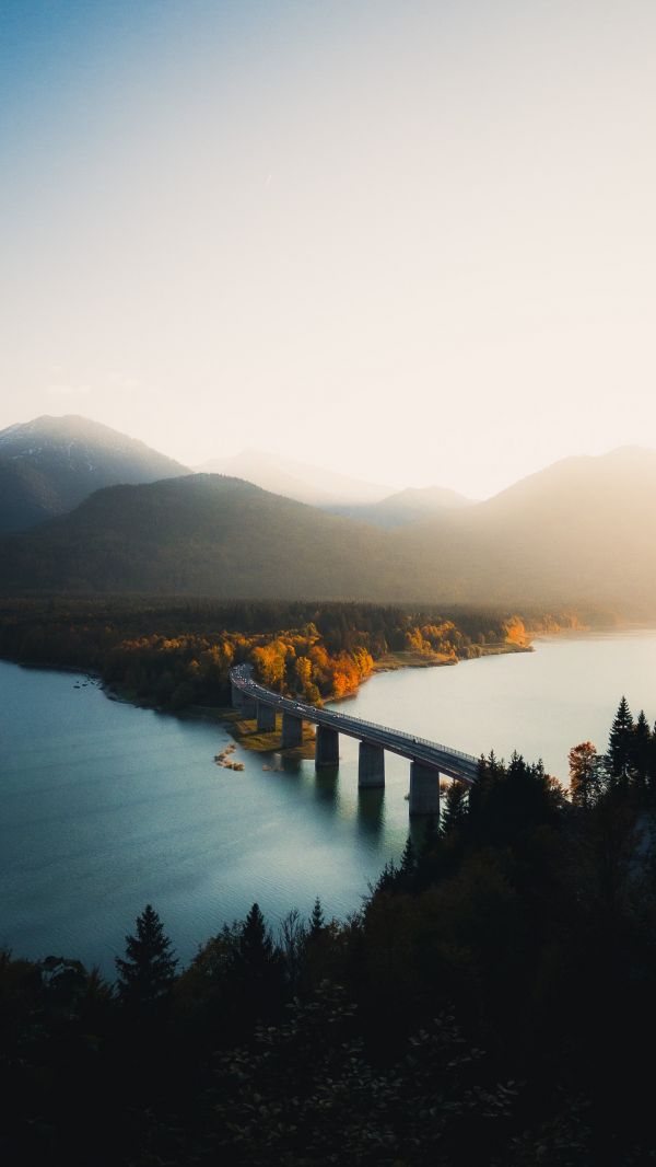 mountains,lake,nature,sunset,bridge,trees
