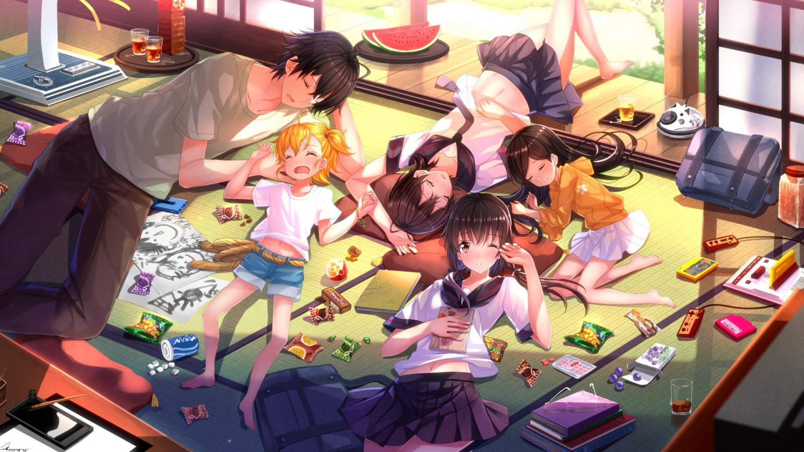 anime, Anime piger, Anime drenge, sovende, skoleuniform, Barakamon, Kotoishi Naru, Handa Seishuu, Kubota Hina, Arai Tamako, Yamamura Miwa, tegneserier, Swordsouls, Spille, spil, skærmbillede