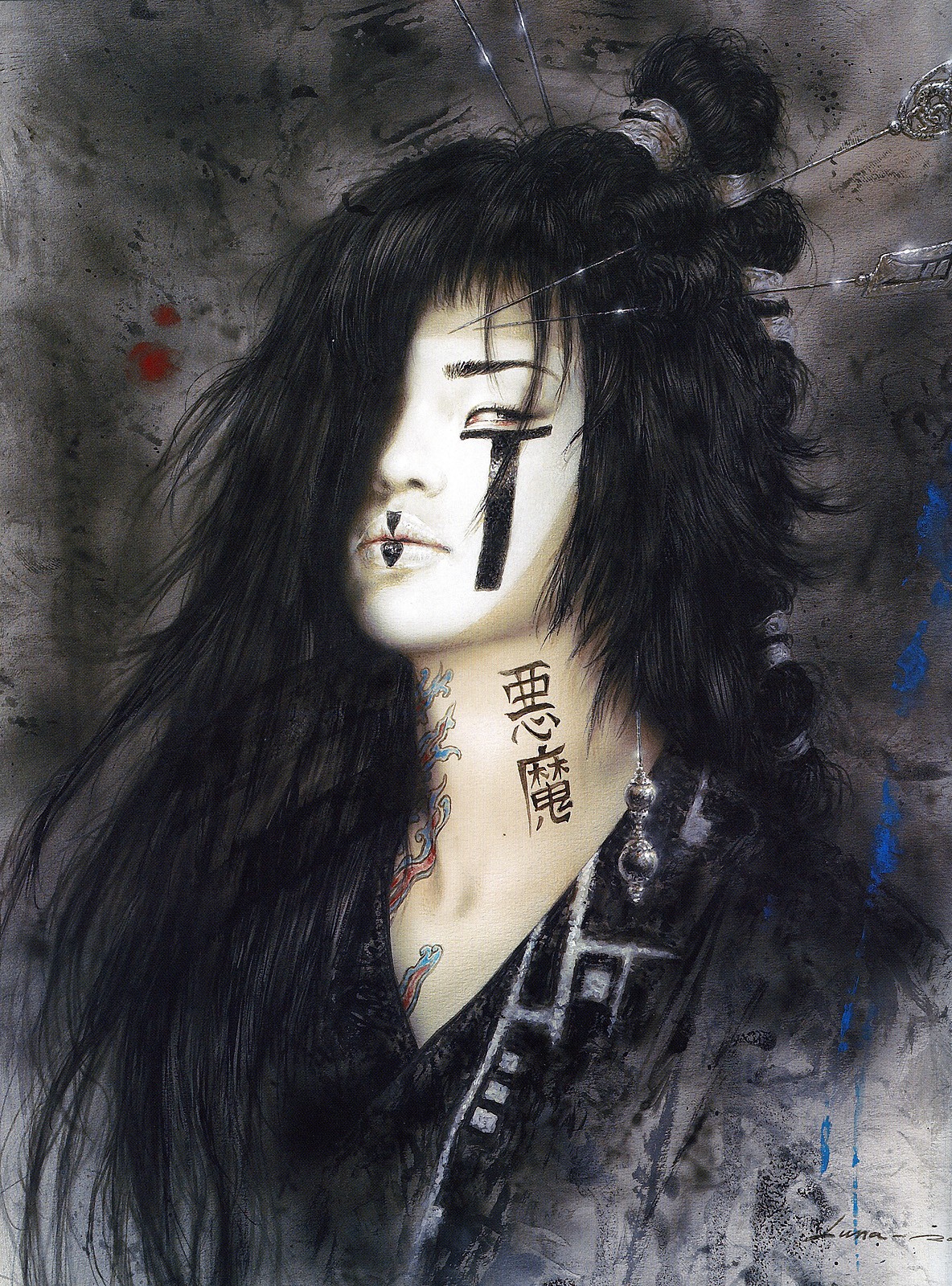 výkres, malování, Černá, ženy, portrét, fantasy umění, tetování, modrý, Luis Royo, mrtvých Moon, UMĚNÍ, skica, moderní umění, kryt alba, akrylová barva