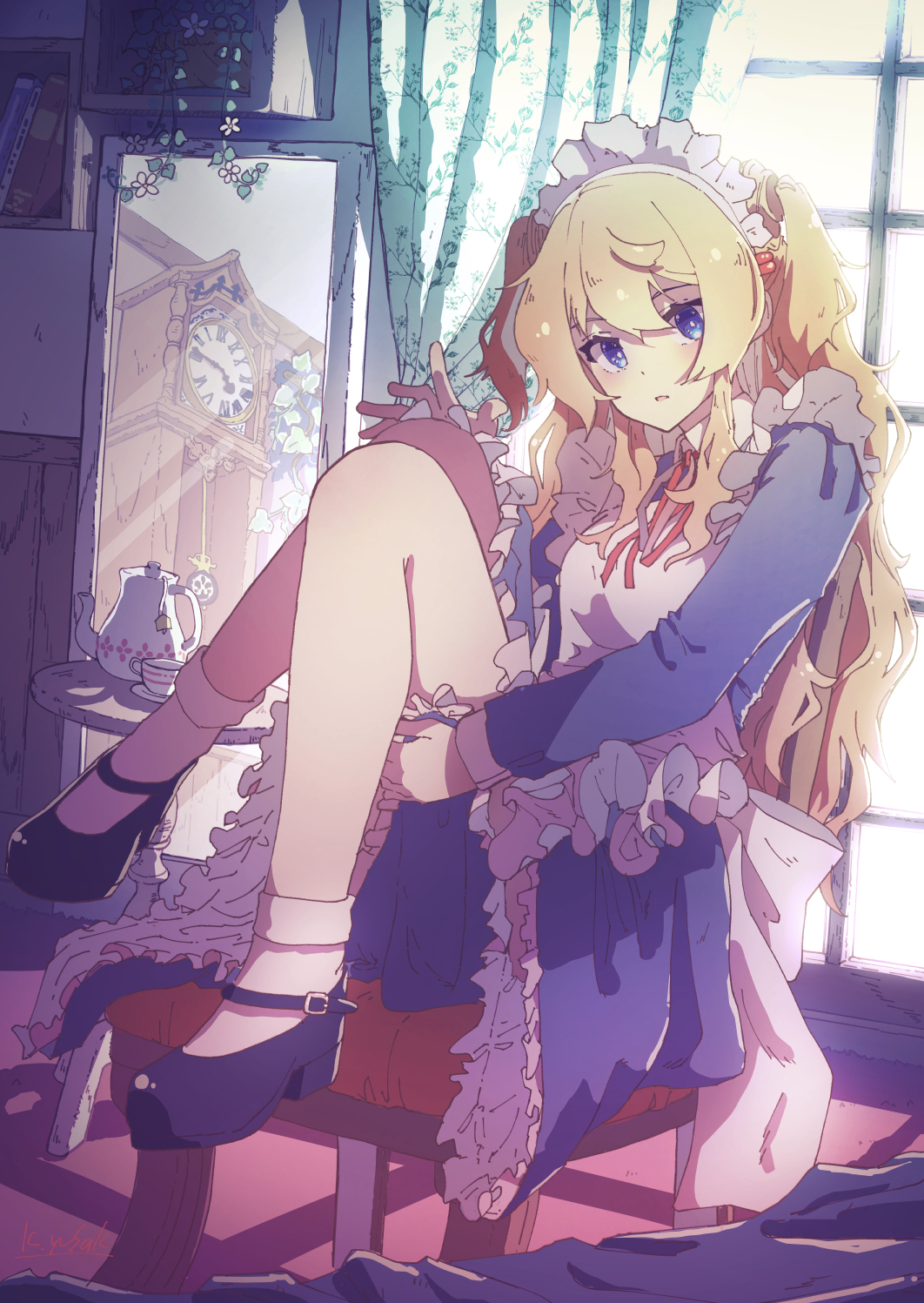 Anime, Dziewcząt anime, niebieskie oczy, blond, pokojówka, Oryginalne znaki