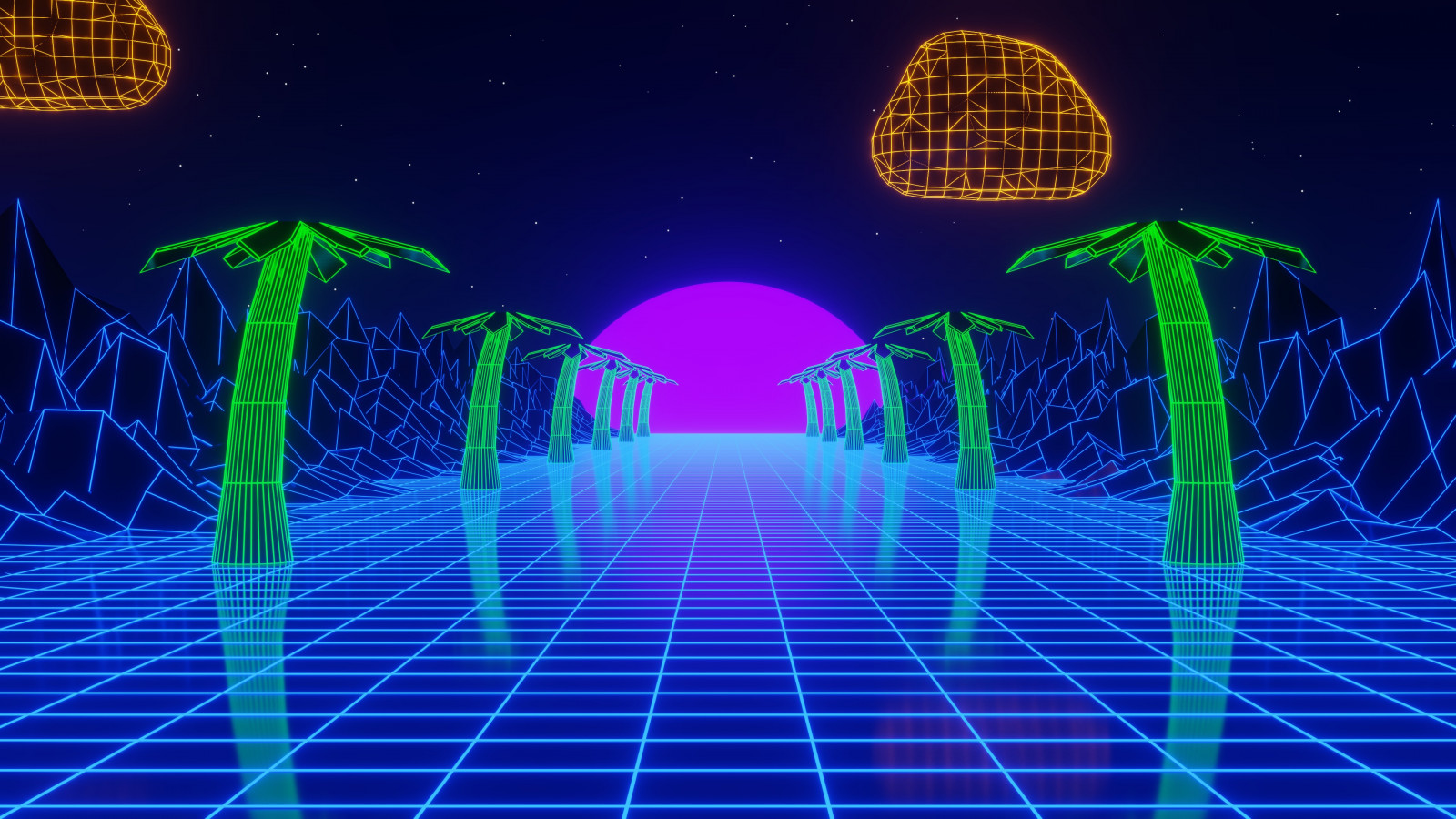 Retrowave, vaporwave, synthwave, Retro style, neon, 4k, grid, palm trees, blue, purple, green, orange, stars, Sun, Blender, Eevee, digital art