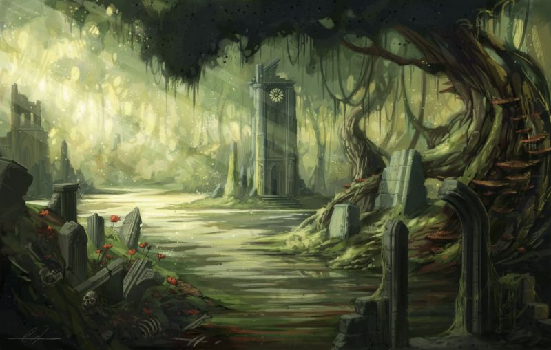 slunečnímu záření,stromy,les,zřícenina,malování,ilustrace