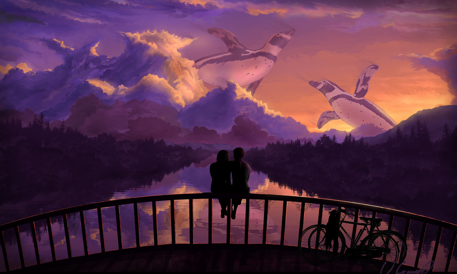 5899x3543 px, fiets, bruggen, fantasie, hek, liefde, humeur, pinguïn, zittend