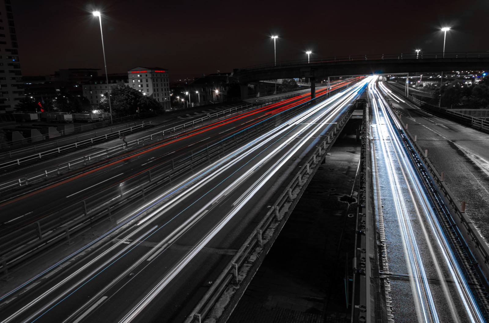 valot, yksivärinen, tumma, kaupunkikuvan, yö-, ajoneuvo, tie, liikenne, ajovalot, Nikon, valtatie, ylikulkusilta, kuljetus, Glasgow, infrastruktuuri, valo, D7000, linja, pimeys, seurata, multipleexposure, motionblur, lighttrails, kaista, julkinen liikenne, moottoritie