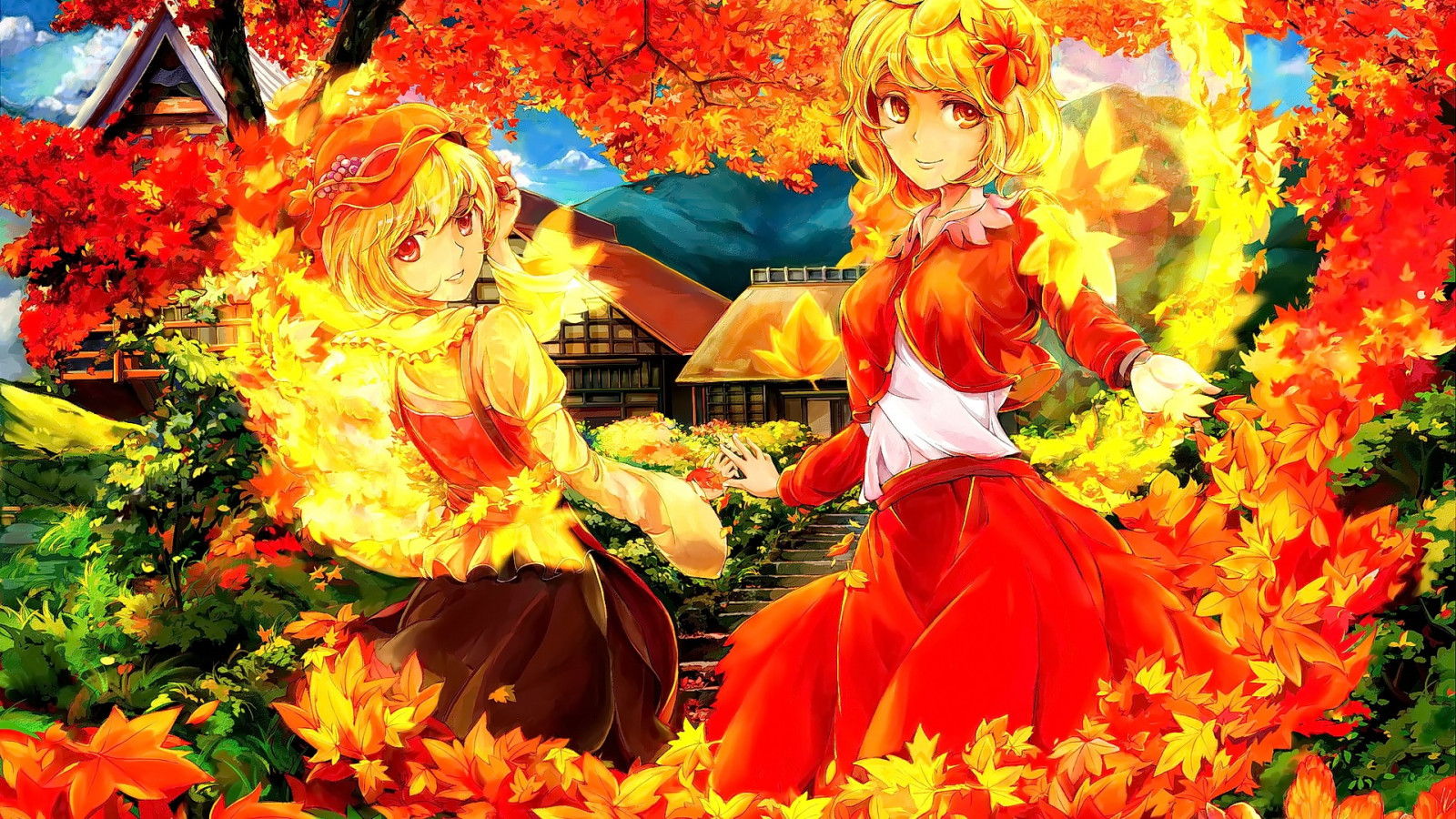 podzim, blondýnka, anime, anime dívky, krátké vlasy, při pohledu na diváka, čepice, usmívající se, červené oči, čínský Nový rok, podzim, květ, sezóna, festival