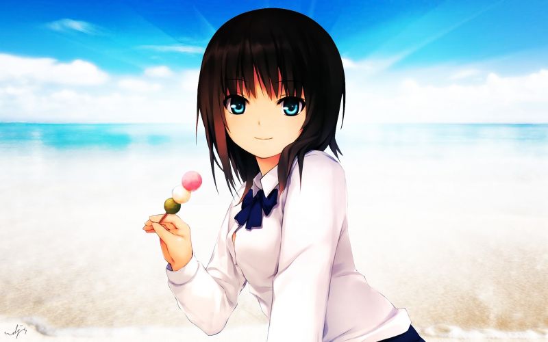 Anime, brunette, ciel, plage, cheveux noirs, romance Anime, brunette, ciel, plage, cheveux noirs, romance
