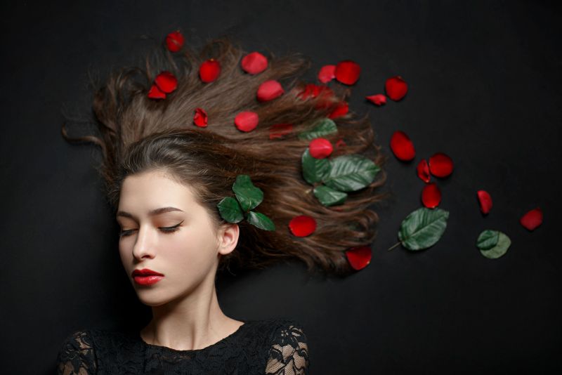 ženy, červená rtěnka, tvář, makeup, portrét, listy ženy, červená rtěnka, tvář, makeup, portrét, listy