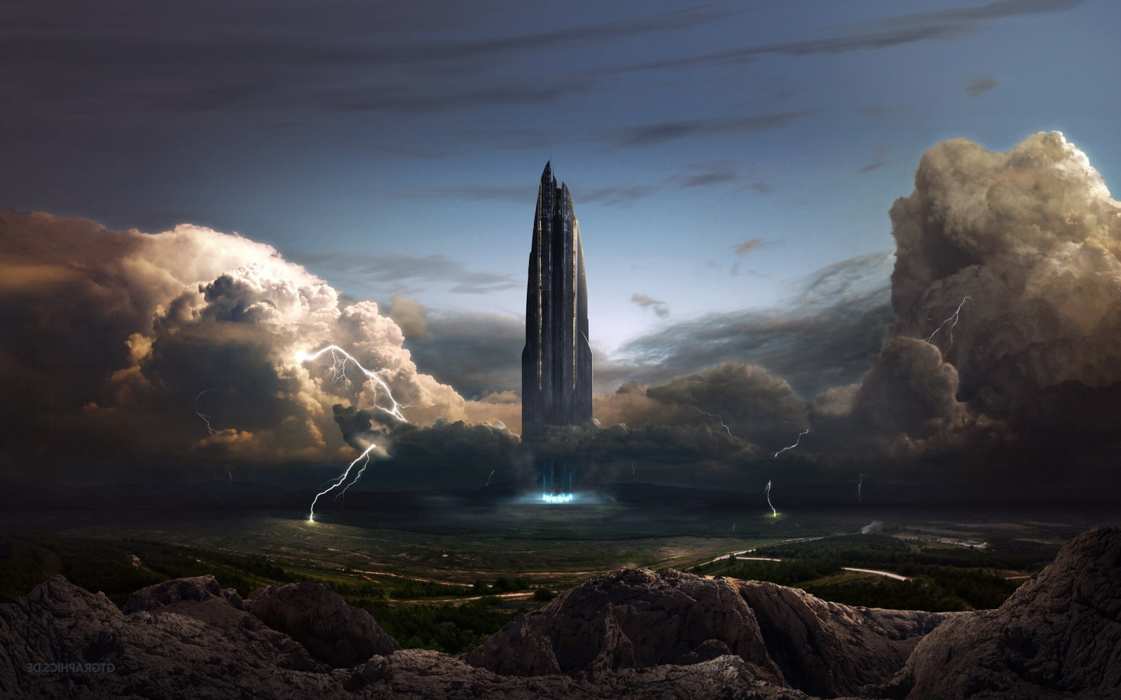 slunečnímu záření, krajina, moře, Skála, 3D, odraz, nebe, futuristický, fantasy město, Blesk, večer, ráno, věž, pobřeží, horizont, soumrak, mrak, hora, oceán, vlna, tma, 2560x1600 px, meteorologický jev, vodní prvek, CG vykreslení