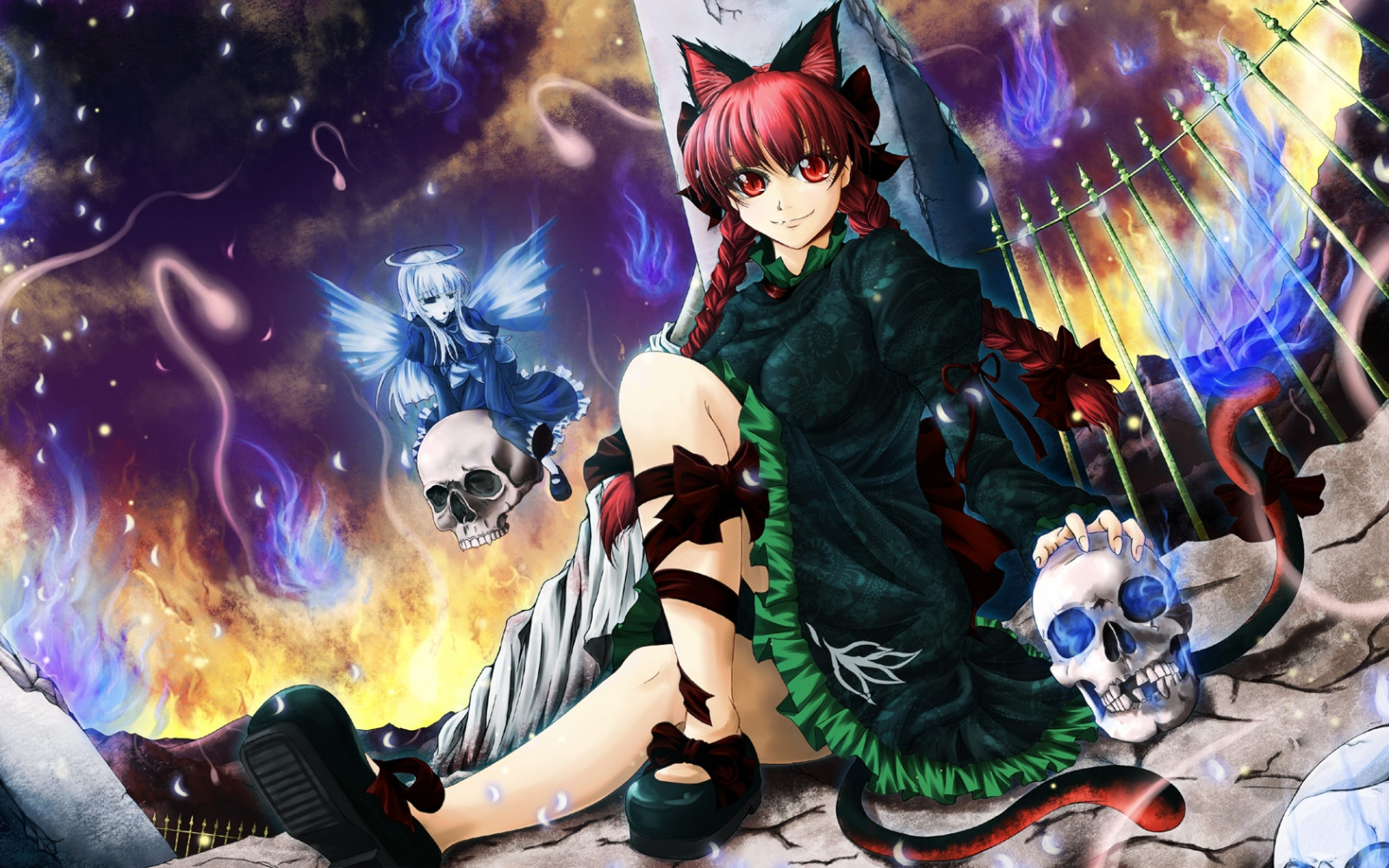 Anime, cráneo, Vuelo, niña, sonreír, fondo, pose, captura de pantalla