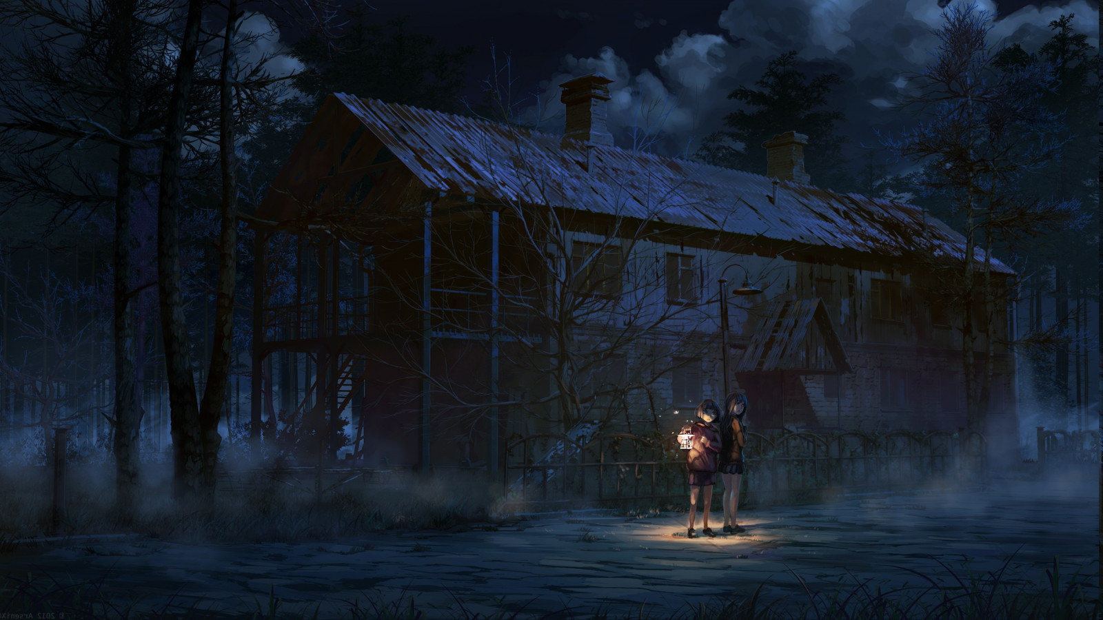 krajina, les, noc, anime, anime dívky, nebe, zima, večer, mráz, atmosféra, zmrazení, půlnoc, strom, tma, Snímek obrazovky, počítač tapeta, jev, 2200x1238 px, visual effects