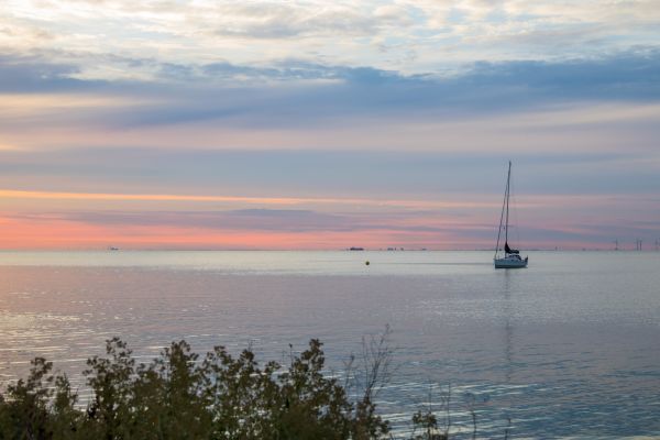 sunlight, boat, sunset, sea, bay, water