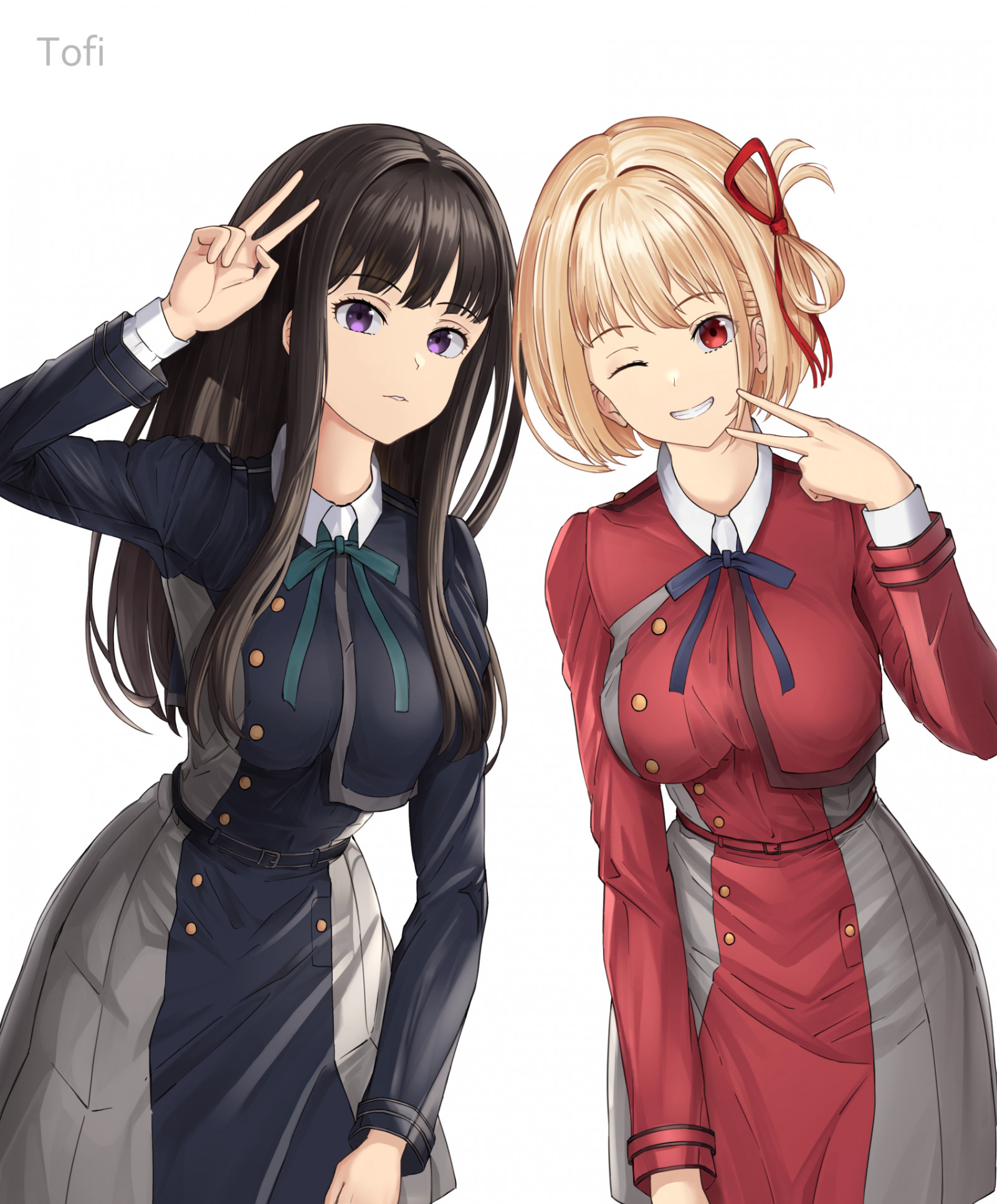 อะนิเมะ, สาวอะนิเมะ, Lycoris Recoil, Nishikigi Chisato, Inoue Takina, ผมสั้น, สีบลอนด์, ผมยาว, ผมสีดำ, two women, งานศิลปะ, ศิลปะดิจิตอล, ศิลปะแฟนซี