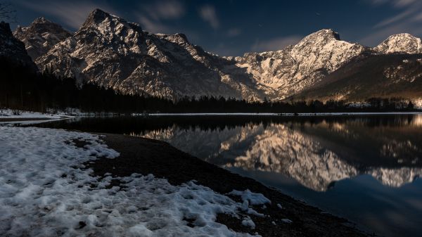 landscape, mountains, night, lake, water, nature