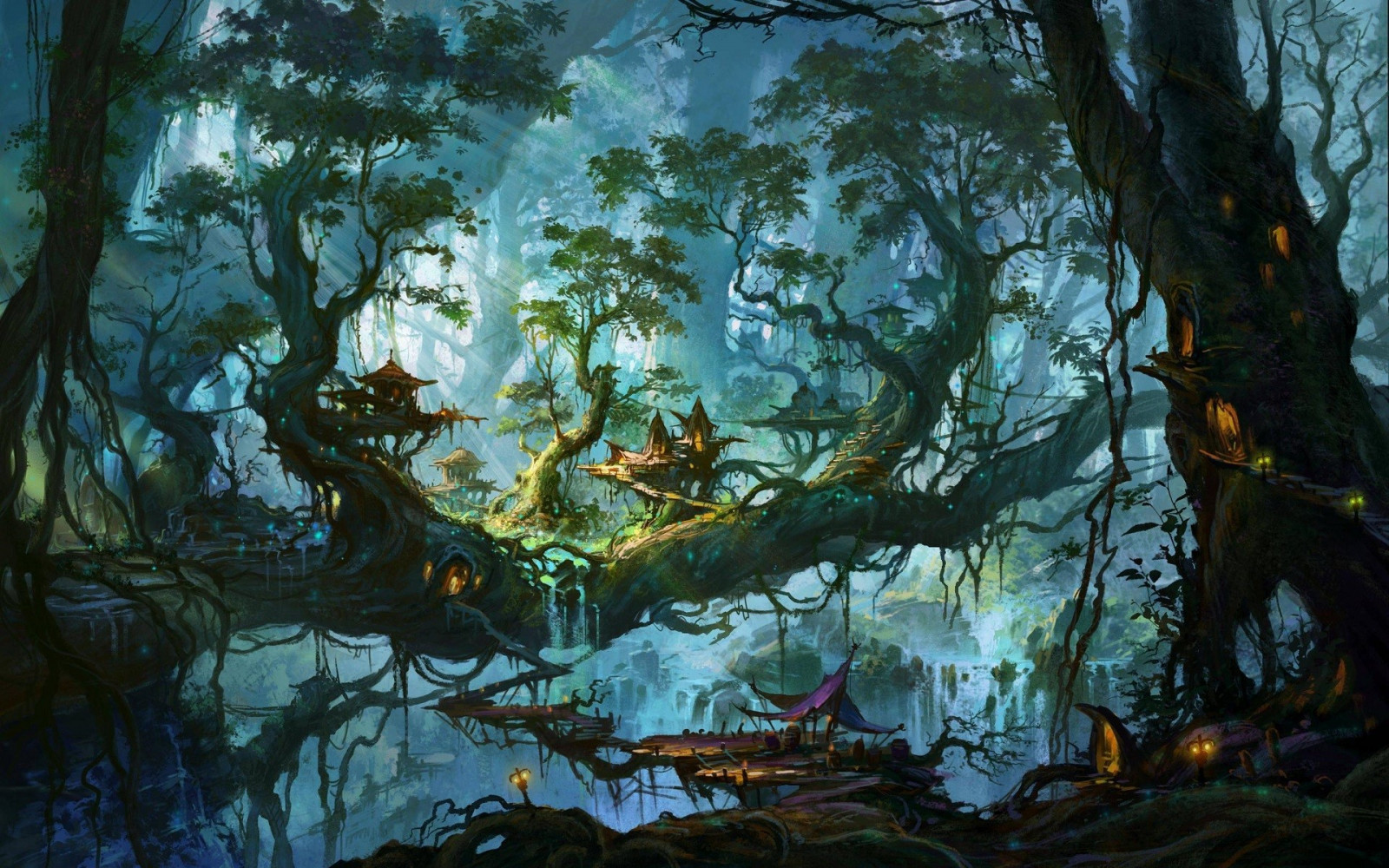 træer, Skov, Fantasy kunst, kunstværk, afdeling, jungle, sump, regnskov, vådområde, skærmbillede, bayou, skov, levested, naturligt miljø, computer tapet, økosystem, gamle vækst skov