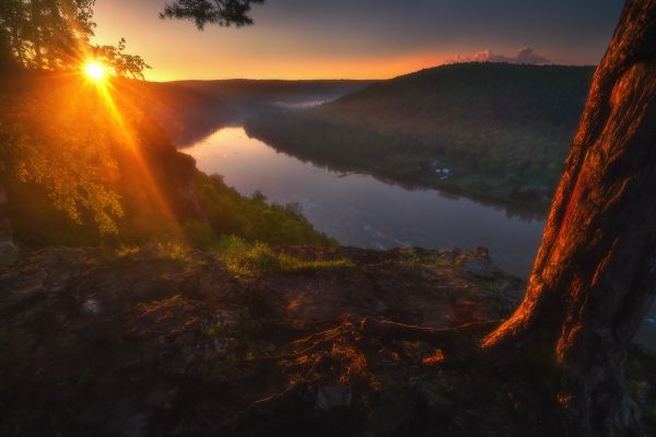 landscape, sunset, nature, sunlight, Vladimir Lyapin, river