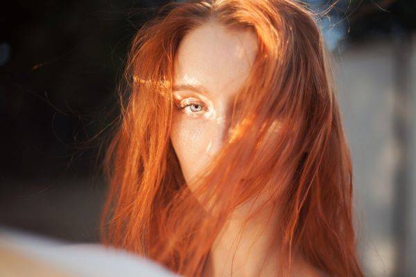 cara, mujer, pelirrojo, modelo, retrato, luz de sol