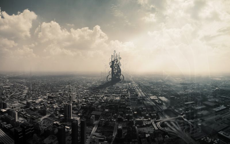 digitální umění, panoráma města, slunečnímu záření, černobílý, nebe, fotografování digitální umění, panoráma města, slunečnímu záření, černobílý, nebe, fotografování