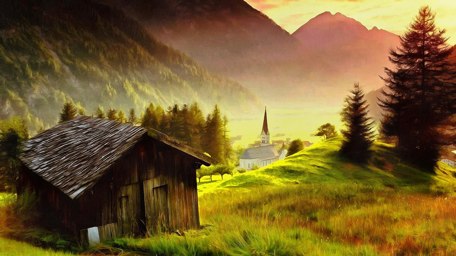 Wallpaper : sunlight, landscape, forest, nature, evening, morning, hut ...