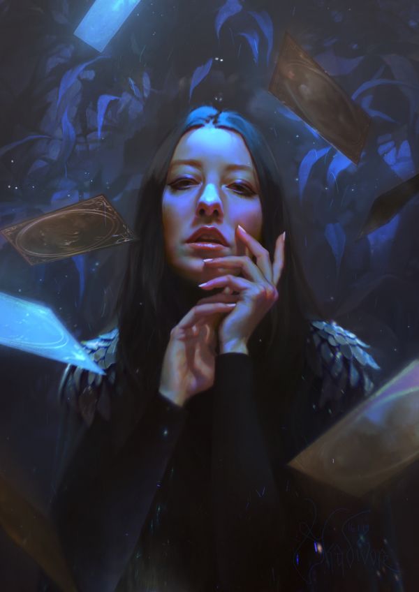 Pauline Vo,looking at viewer,touching face,caressing,open mouth,cards