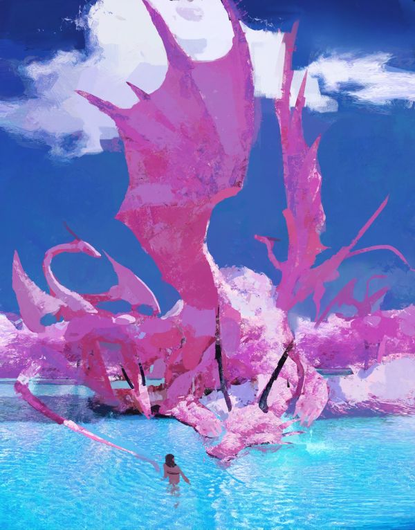 fantasy art, women, dragon, flowers, lake, horns