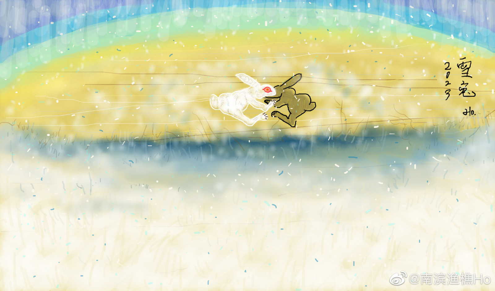 tradiční umění, králíci, sníh, krajina, digitální obraz, FishermanHo