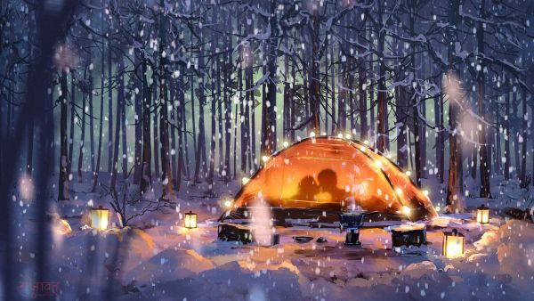 snow,anime,couple,night,forest,lantern