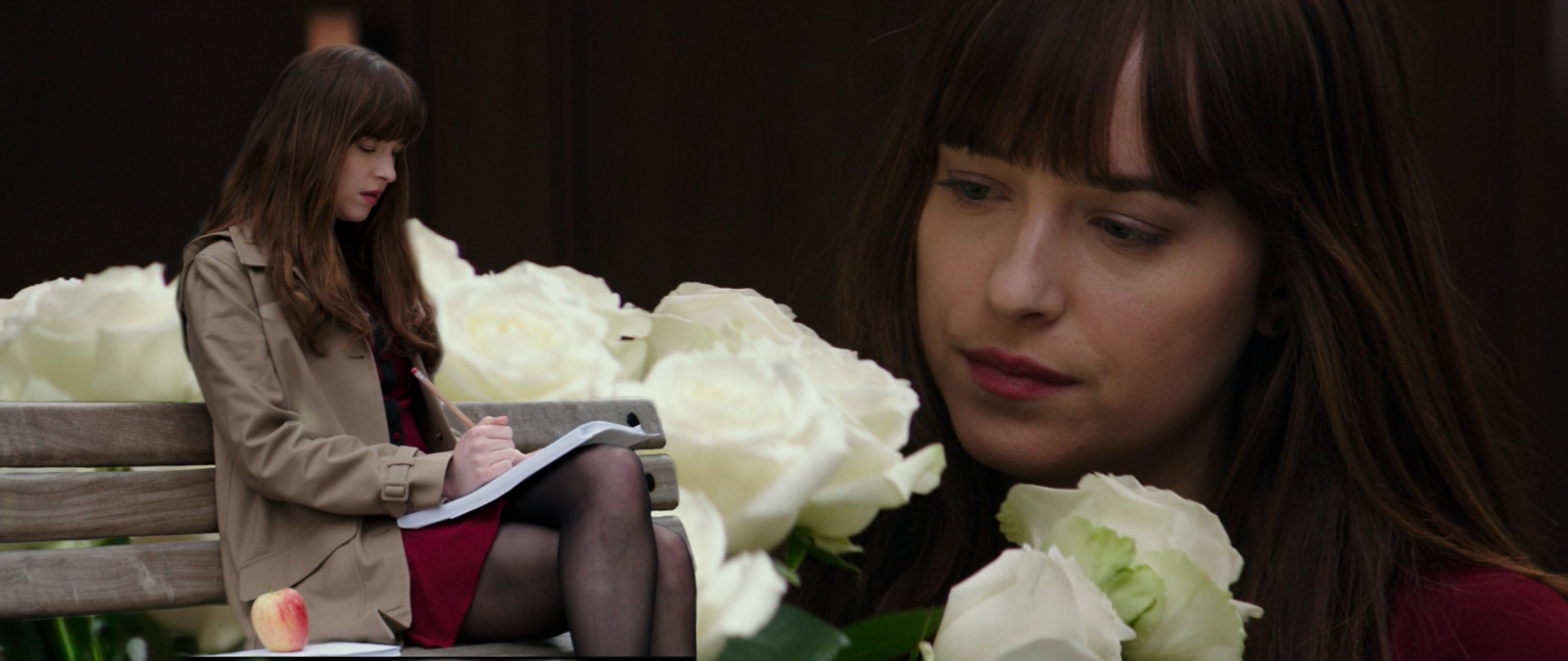 Dakota Johnson, květiny, jablka, Padesát odstínů tmavší