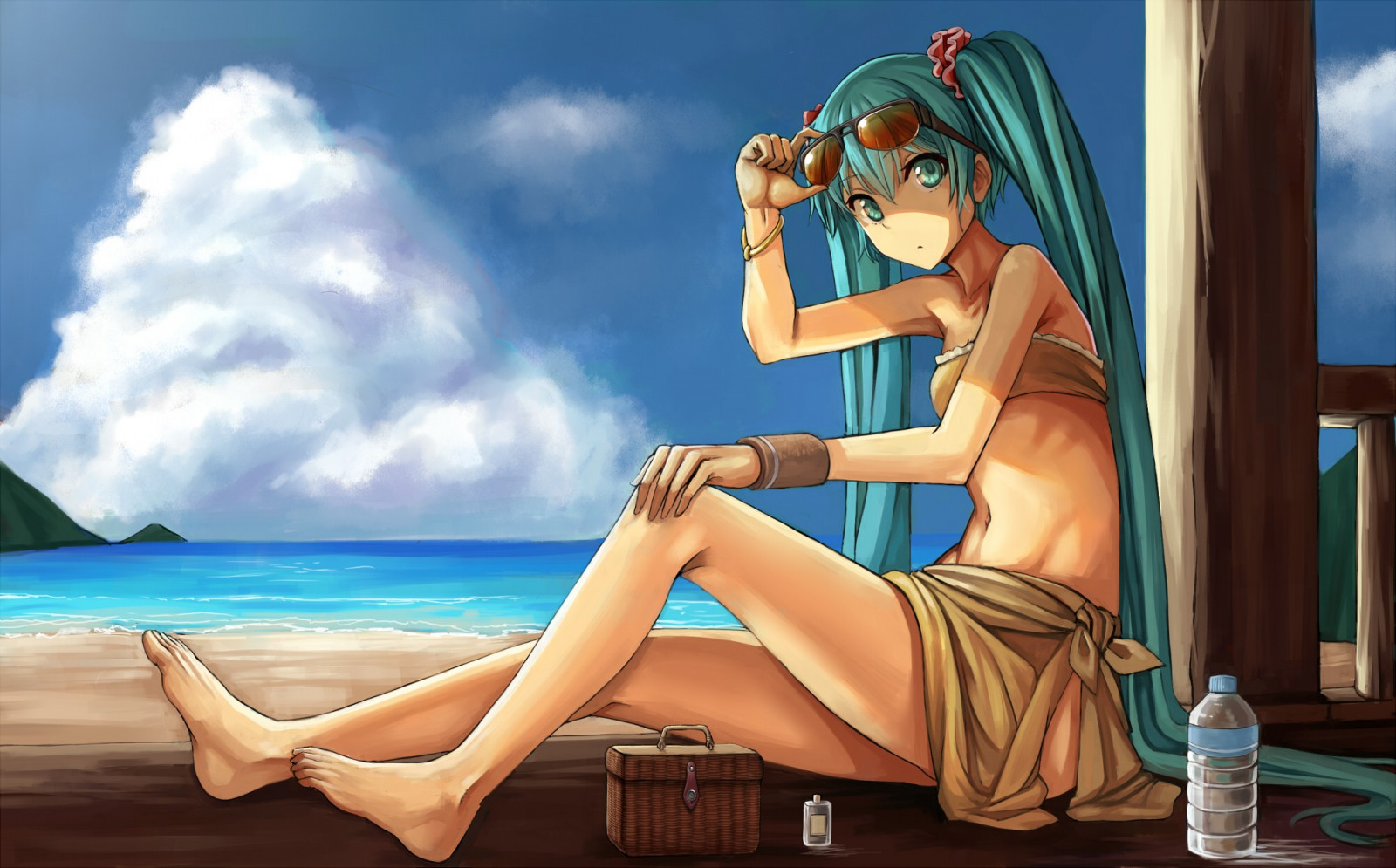 anime, černé vlasy, Vocaloid, Hatsune Miku, twintails, plavky, oblečení, noha, Snímek obrazovky, focení, 2000x1244 px