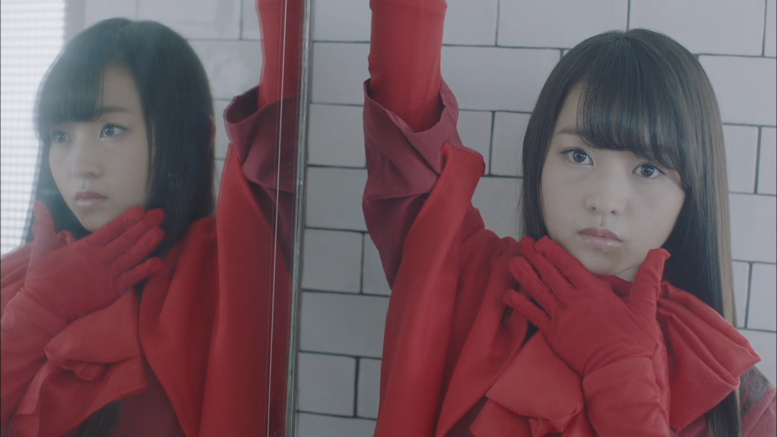 ženy, cosplay, dlouhé vlasy, anime, bruneta, Červené, odraz, asijský, rukavice, hnědé oči, červené šaty, zrcadlo, oblečení, Nogizaka46, barva, dívka, kostým, obraz