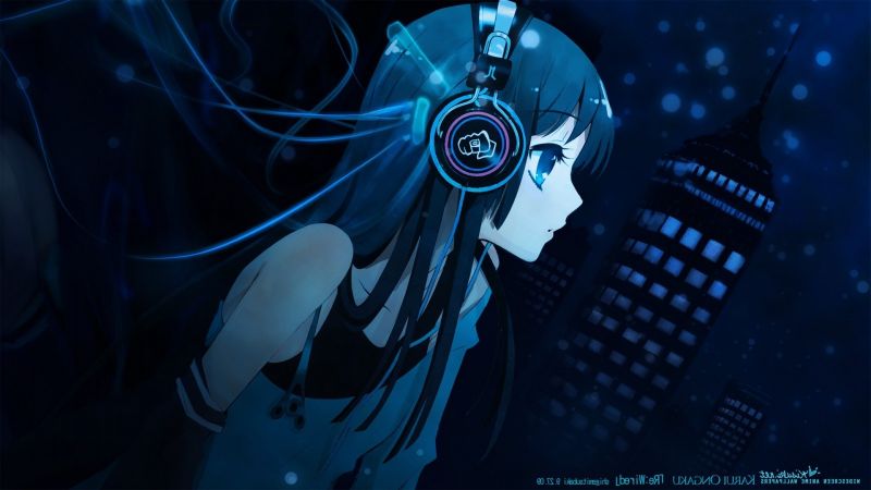 illustration, anime, anime girls, blue, headphones, darkness illustration, anime, anime girls, blue, headphones, darkness