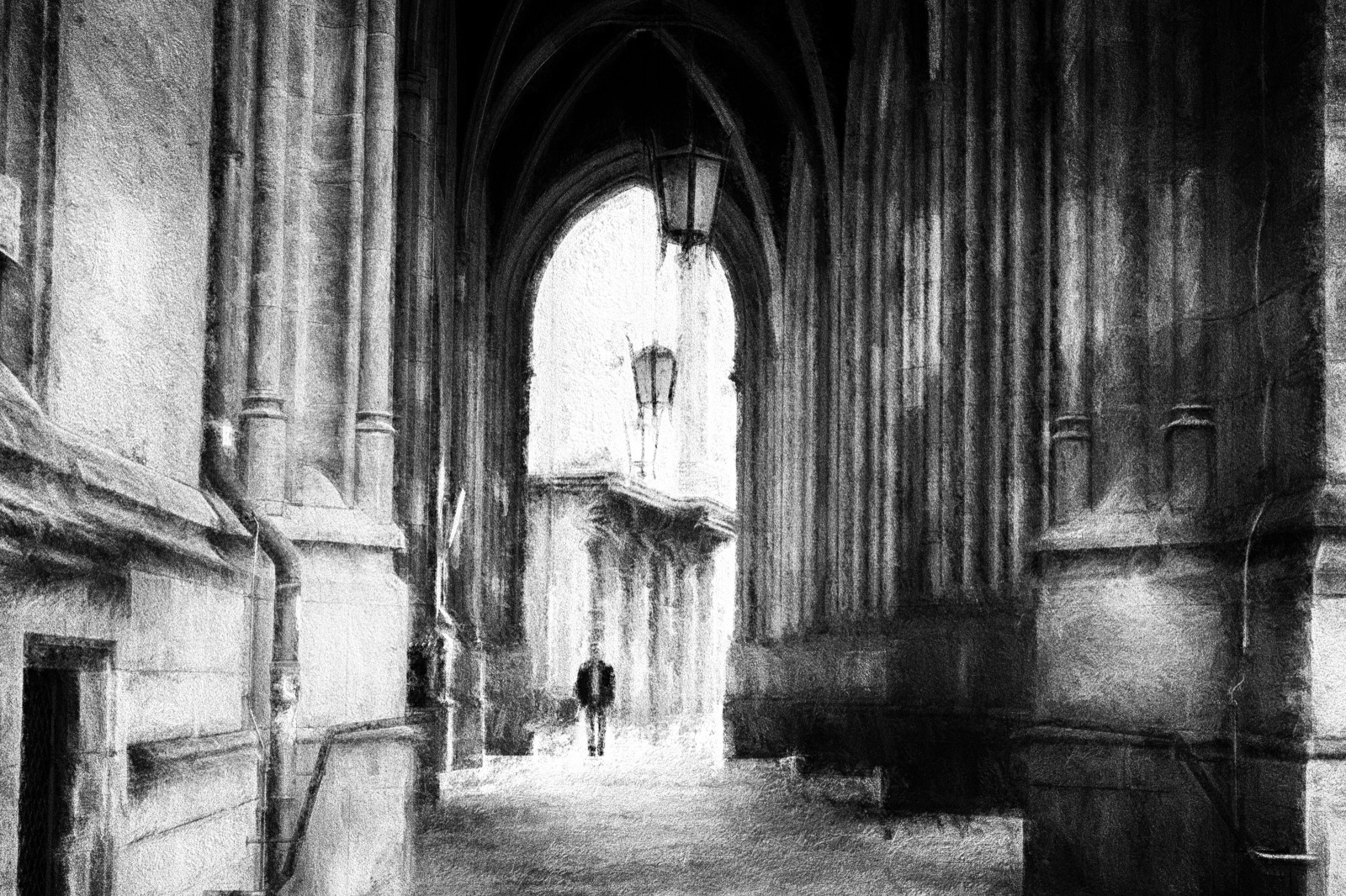 oblouk, Černý a bílý, monochromatické fotografování, fotografování, dějiny, černobílý, středověká architektura, gotická architektura, pasáž, budova, Opatství, dávná historie, fasáda, okno, katedrála, stock photography, strom, ulice