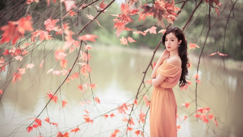 ženy venku, ženy, model, asijský, fotografování, Červené ženy venku, ženy, model, asijský, fotografování, Červené