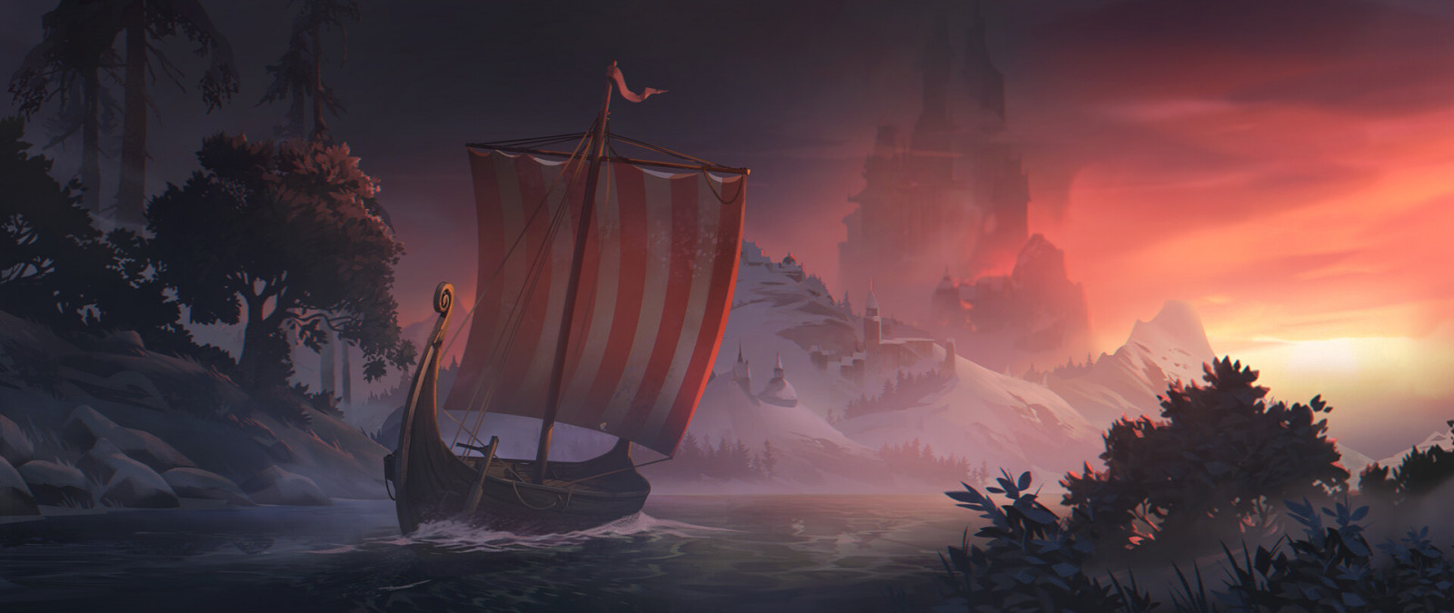umělecká díla, digitální umění, sníh, hrad, loď, Vikingové