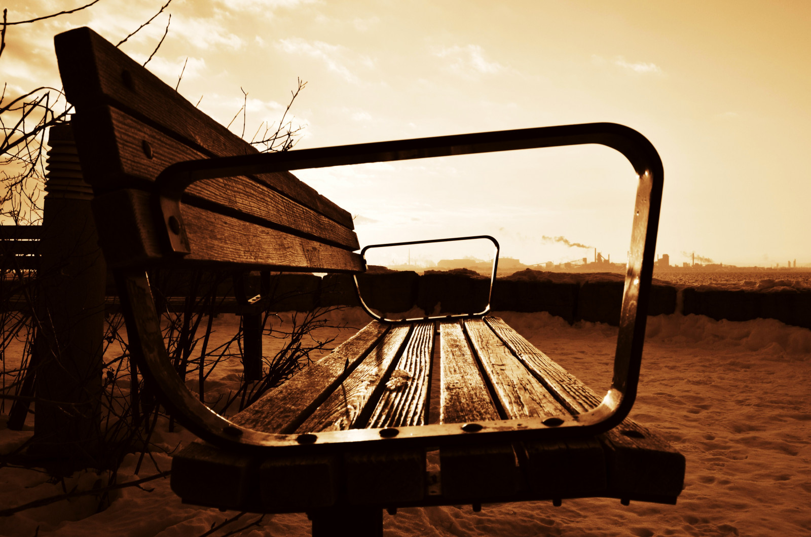 Wallpaper sunlight, monochrome, sky, wood, morning, bench, sepia