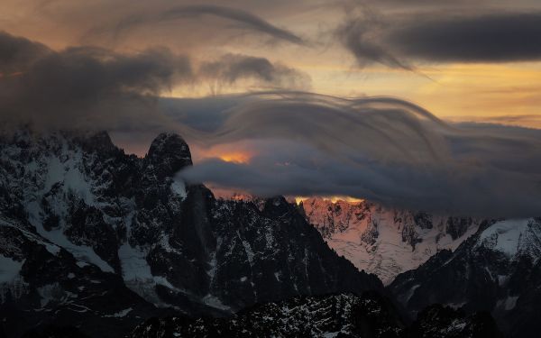 landscape, mountains, sunset, nature, sky, snow