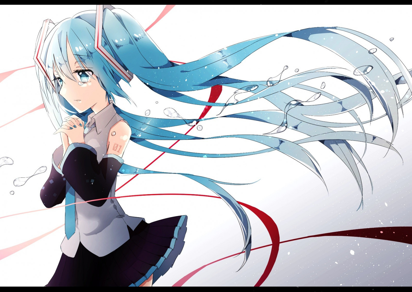 výkres, ilustrace, dlouhé vlasy, anime, anime dívky, modré oči, kreslená pohádka, Vocaloid, Hatsune Miku, sukně, slzy, kravata, aqua hair, UMĚNÍ, skica, mangaka