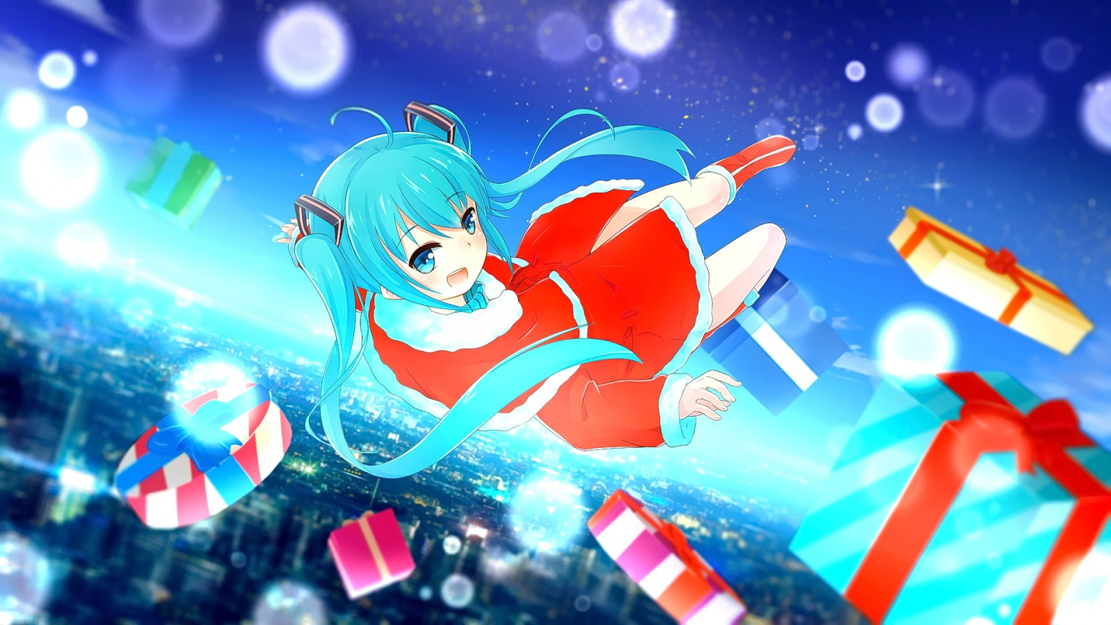 ilustrace, anime, anime dívky, Vocaloid, Hatsune Miku, Vánoce, představuje, padající, Snímek obrazovky, počítač tapeta