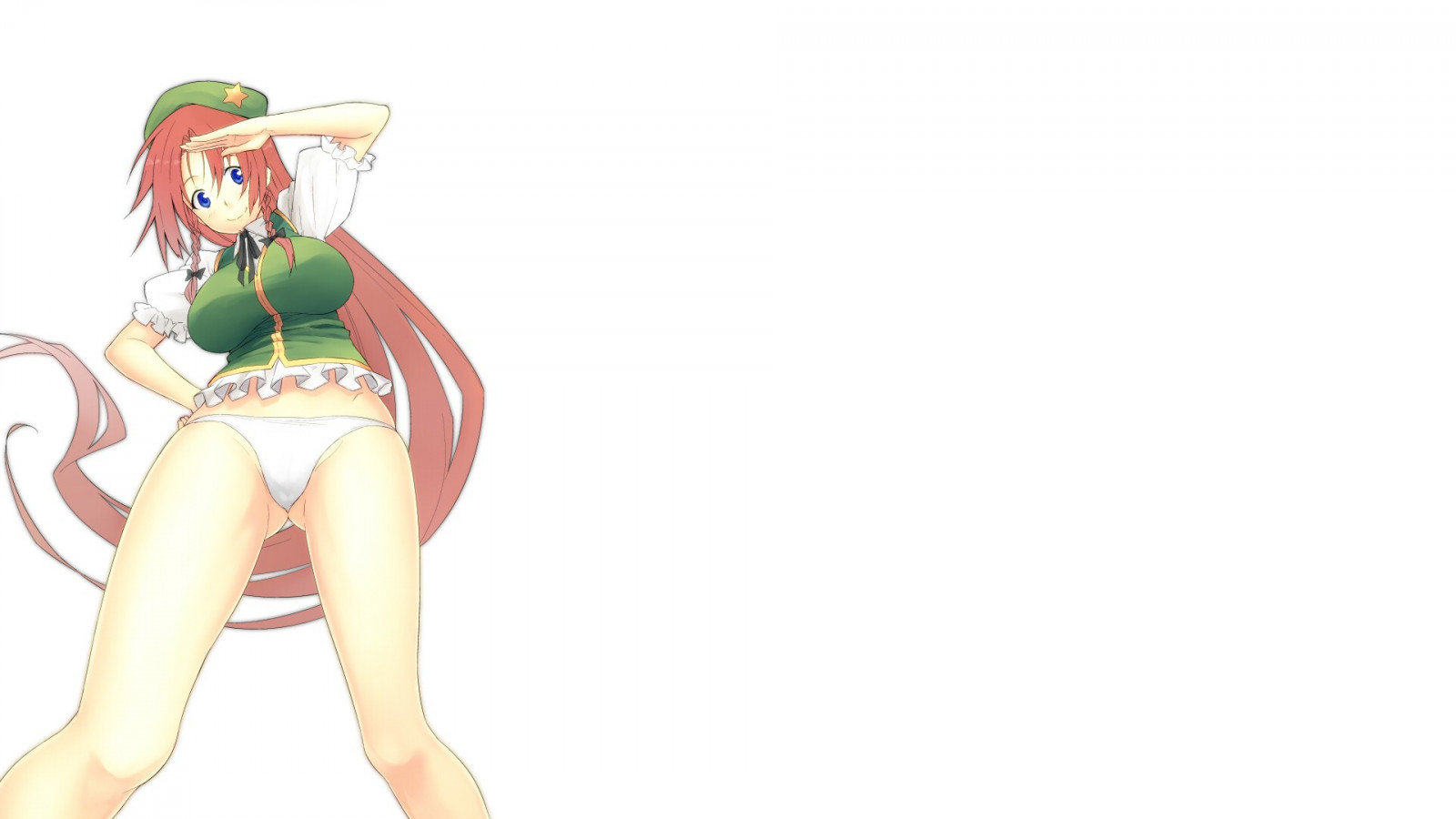 ryšavý, anime, modré oči, Touhou, velká prsa, kreslená pohádka, kalhotky, Hong Meiling, ruka, prst, kostým, figurka